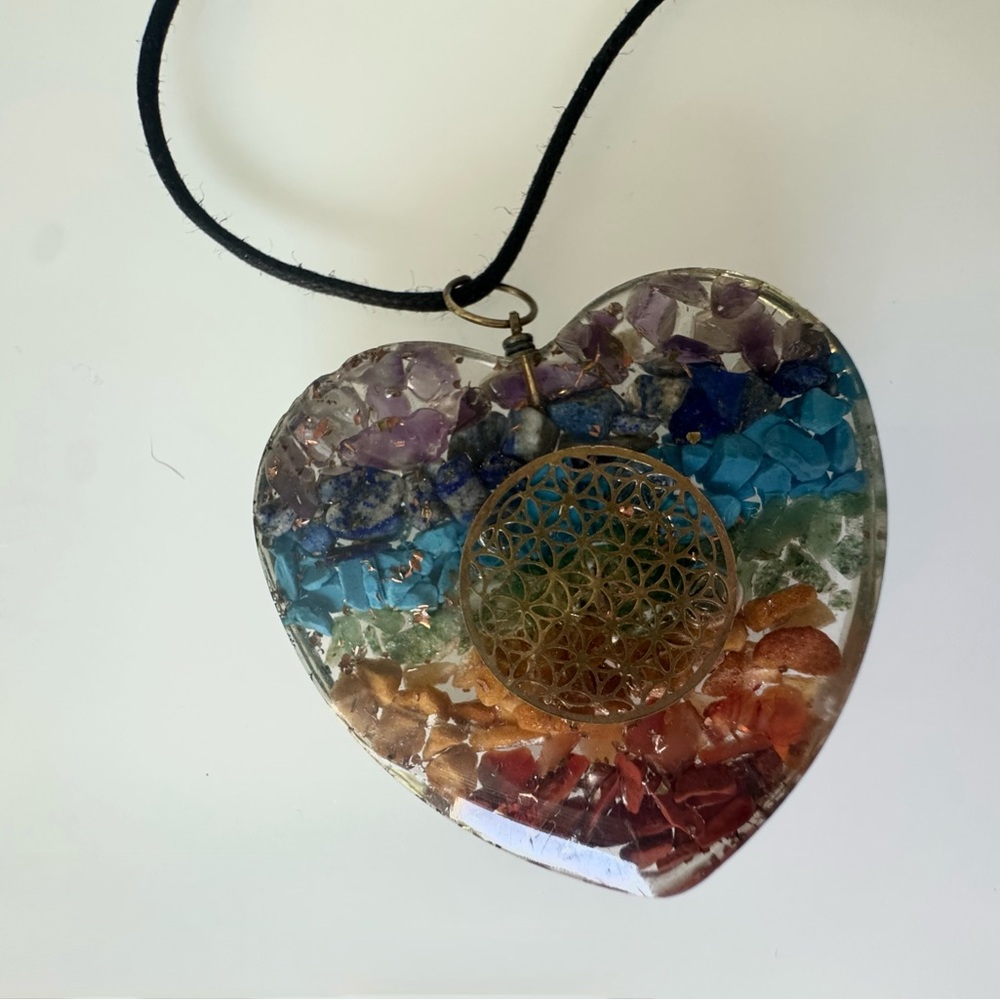 Colorful Chakra Heart Pendant Necklace with Gold Accents